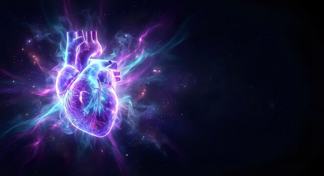 Glowing human heart with electric lightning energy bursts in purple and blue colors on dark background for medical and science concepts.