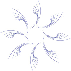 Abstract spiral radial pattern composed of curved blue lines rotating symmetrically around a central point on a white background. Modern geometric illustration with dynamic motion effect, suitable