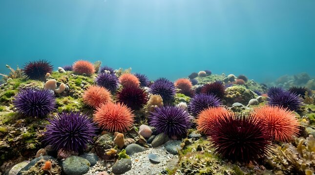 Colorful sea urchins cluster on rocky ocean floor in vibrant underwater marine ecosystem with purple and orange spiny echinoderms creating natural reef habitat.