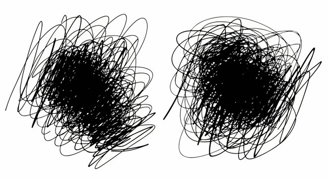 Dos garabatos negros ca&oacute;ticos dibujados a mano sobre un fondo blanco puro, ideal para conceptos de estr&eacute;s o creatividad.
