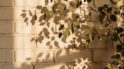 Green eucalyptus branches casting natural shadows on white brick wall in warm sunlight creating organic botanical pattern for interior design.