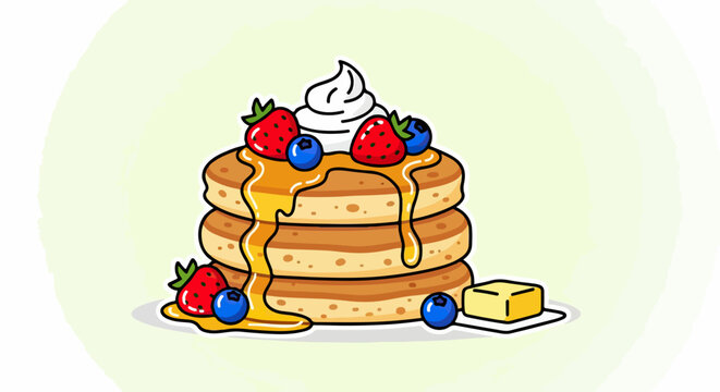Ilustraci&oacute;n de deliciosos panqueques apilados con sirope dorado, crema batida, fresas, ar&aacute;ndanos y mantequilla, ideal para desayunos dulces.