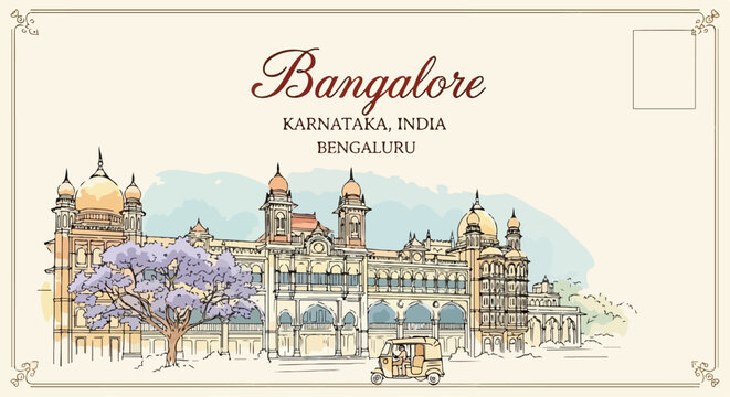 Ilustraci&oacute;n estilo postal vintage de Bangalore, India, destacando su arquitectura hist&oacute;rica y un vibrante &aacute;rbol de jacarand&aacute;.