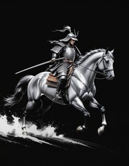 Fototapeta premium 銀色墨絵 馬上戦国武将 黒背景和風アート