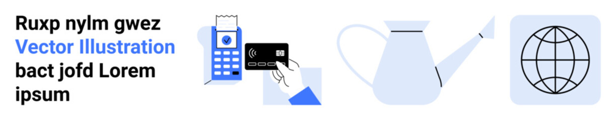 Obraz premium Digital economy, online shopping, global trade, e-commerce, gardening, sustainability. A payment terminal and card, watering can and globe symbol. Digital economy and online shopping concept