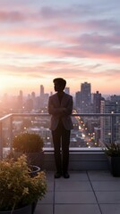 Obraz premium Young businessman in suit standing on rooftop terrace overlooking city skyline at sunset with pink purple clouds and urban lights below.