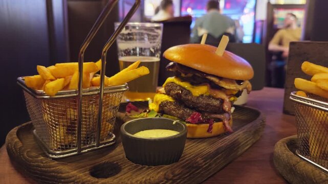 Savory burger paired with golden fries delightful. Appetizing burger with melted cheese and crispy fries on rustic serving board