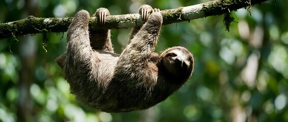 Fototapeta premium Adorable sloth hanging upside down from tree branch in lush tropical rainforest. Wildlife photography showcasing slow-moving mammal in natural habitat.