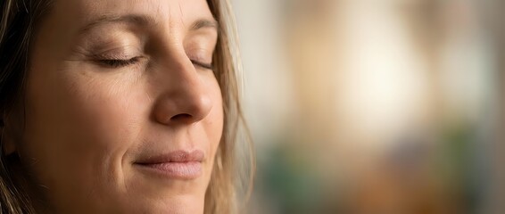 Obraz premium Peaceful middle-aged Caucasian woman with closed eyes in serene meditation pose, soft natural lighting creating calm mindful moment for wellness content.