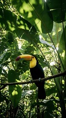Colorful toucan bird perched on branch in lush tropical rainforest canopy with vibrant green banana leaves and dappled sunlight filtering through foliage.