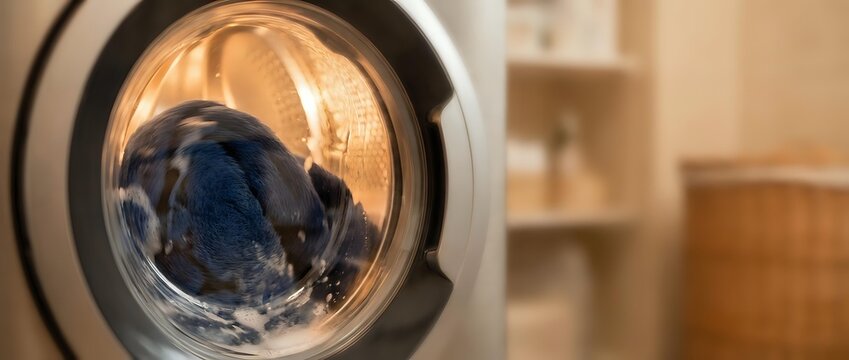 Modern washing machine drum with dark blue denim jeans spinning inside during laundry cycle in contemporary home interior for household cleaning concepts.