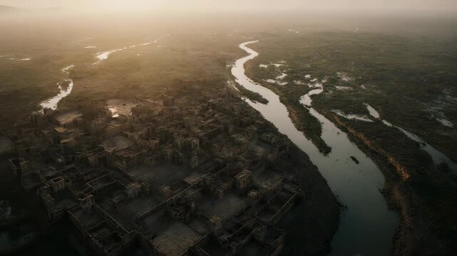Cinematic sunrise aerial over ancient river civilization with mud brick buildings
