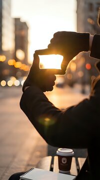 Person making frame gesture with hands at sunset in urban setting with bokeh lights and coffee cup on table for creative vision concepts.