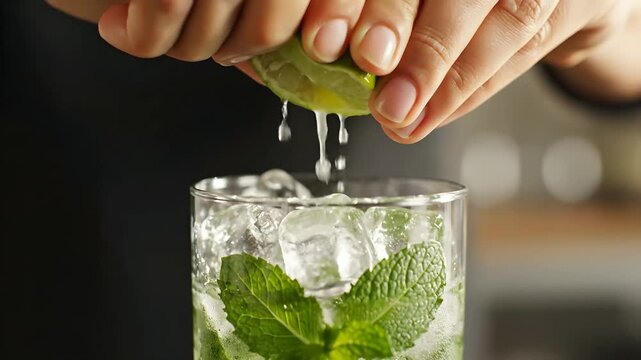 Close-up of hands squeezing fresh lime into a refreshing mojito cocktail with mint and ice.