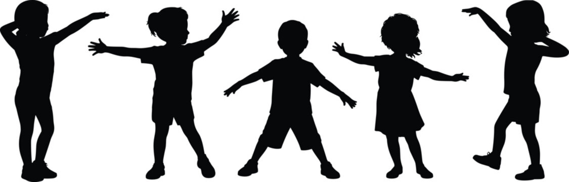 Children silhouettes, kids playing, dancing figures, childhood energy, joyful movement, playful children, abstract silhouettes, family concept, active kids, creative illustration