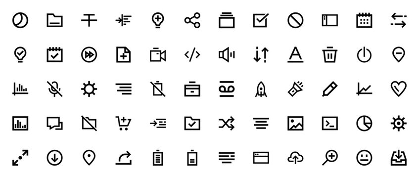 Smartphone Essentials icon set. Minimal vector icons pack. Includes Moon, Folder, Calendar, Battery, Settings, Download, Chat, Shopping Cart and more. Editable stroke.