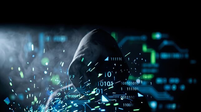 Hooded hacker in dark environment surrounded by glowing digital code and binary data streams representing cybersecurity threats and online privacy concerns.