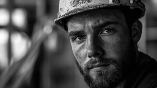 A man in a hard hat looking to the side, with dirt and grime on his clothing indicating manual labor.