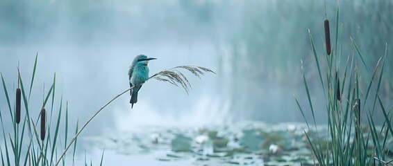 Fototapeta premium Small turquoise hummingbird hovering over tranquil water surface surrounded by tall green reeds in misty natural wetland habitat for wildlife photography.