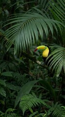 Fototapeta premium Colorful toucan bird perched on branch surrounded by lush tropical palm fronds and ferns in dense rainforest jungle habitat for wildlife nature photography.