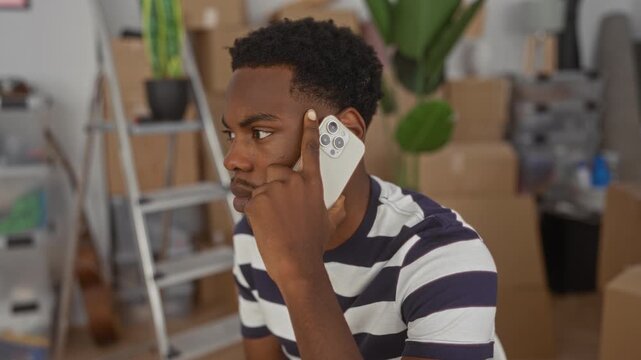 Man holding white smartphone points finger to temple in a modern home building interior with stacked moving boxes and a ladder; thinking.