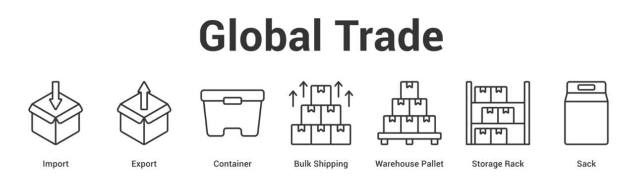Global Trade web banner icon set vector illustration concept for business with icon of Import, Export, Container, Bulk Shipping, Warehouse Pallet, Stor.