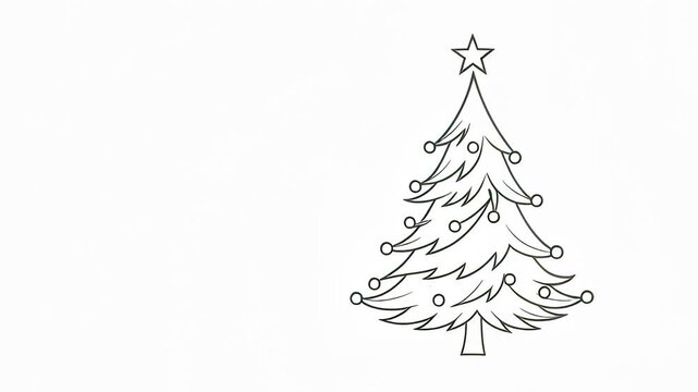 Minimalist animated single line drawing of a Christmas tree with a star and ornaments on a white background, perfect for festive holiday greetings and seasonal design projects.