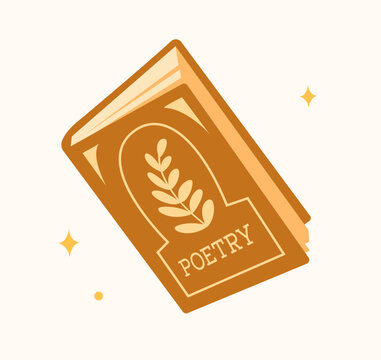 Cute vintage illustration of a poetry book in a decorative brown cover with gilding. Perfect for bookshops, stickers, World Book Day, and book clubs. The concept of reading