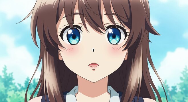 Anime Girl's Stare: A captivating portrait of an anime girl, her eyes wide with a sense of wonder. She looks at the viewer with an innocent and charming gaze.
