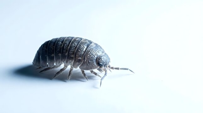 Pill bug woodlouse roly poly isopod crustacean arthropod macro photography isolated on white background for educational science nature study materials.