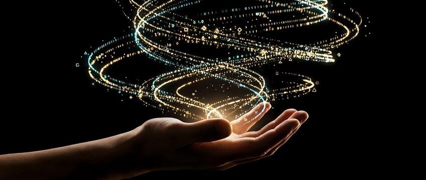 Open hands holding glowing golden light trails with sparkling particles creating magical energy swirls against dark background for digital art projects.