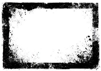 Grunge rectangular frame, rough black edges, white center, texture, scattered details
