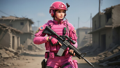 Obraz premium Armed in Pink: A resolute figure, clad in vibrant pink attire, stands ready amidst the desolation of war-torn landscape, her eyes fixed forward, a symbol of determination amid adversity. 