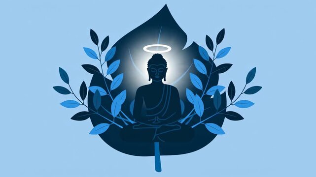 Meditating Buddha Silhouette in Leaf Frame - Spiritual Illustration, Enlightenment Concept