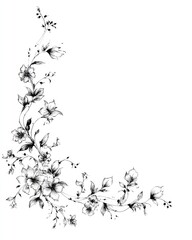 Fototapeta premium Delicate floral corner design with intricate linework, in shades of grey against white