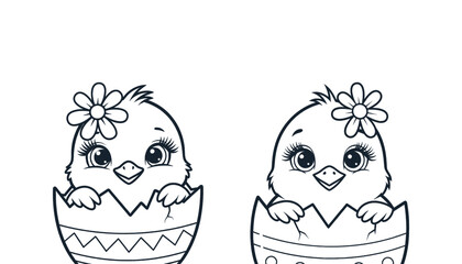 Two adorable baby chicks emerging from decorated easter eggs with flowers on their heads