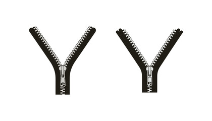 Two black y shaped zippers on a white background side by side