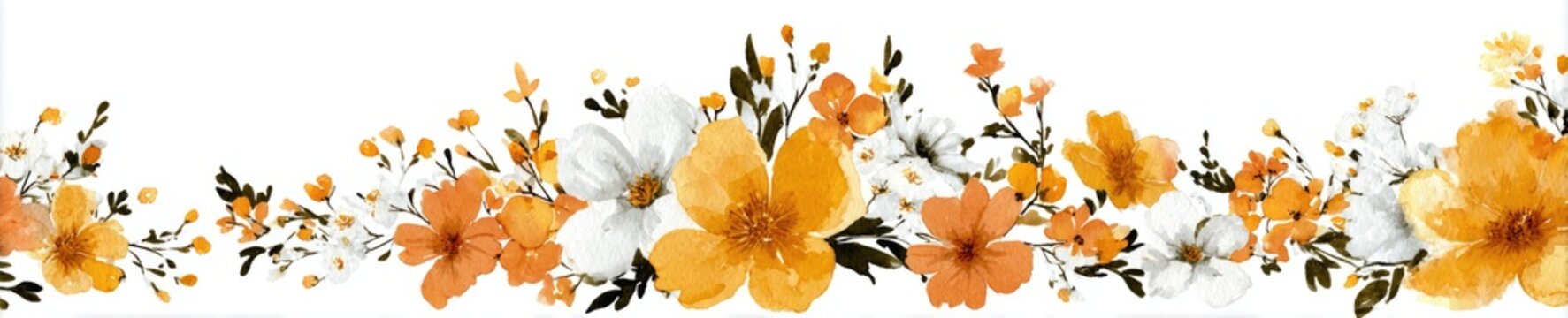 Floral border featuring watercolor-style flowers in white, yellow, and orange, on white background
