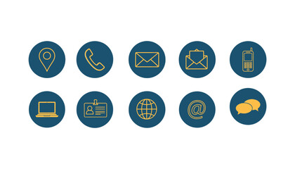 Collection of various communication and technology icons in gold on blue oval backgrounds