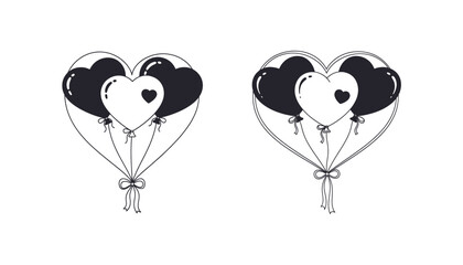 Heart shaped balloons in black and white illustration