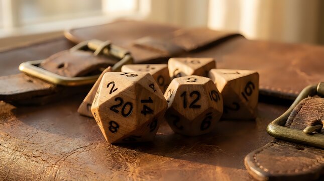 Wooden polyhedral dice set on rustic table with vintage books for tabletop gaming and role-playing adventures in warm atmospheric lighting.