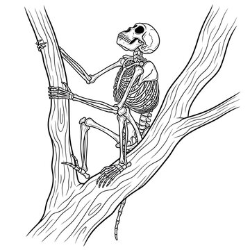 Monkey Skeleton Climbing Tree Line Illustration

