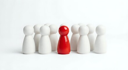 Red wooden pawn figure standing out among white pawns on clean background, representing leadership, uniqueness and business differentiation concepts.