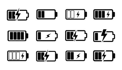 Battery icons with various charge levels and lightning bolt symbols