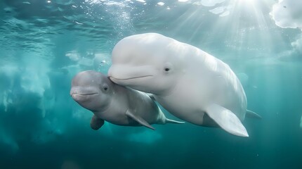 Fototapeta premium Beluga whale mother and calf swimming together in arctic waters with sunlight rays penetrating through turquoise ocean surface creating magical underwater scene.