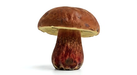Fresh porcini mushroom with brown cap and thick stem isolated on white background for culinary and cooking projects.