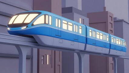 Obraz premium Futuristic blue monorail train gliding on an elevated track through a modern urban cityscape at dusk.