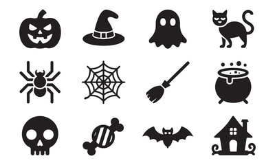 Halloween icons set including pumpkin spider web ghost cat witch hat skull bat house