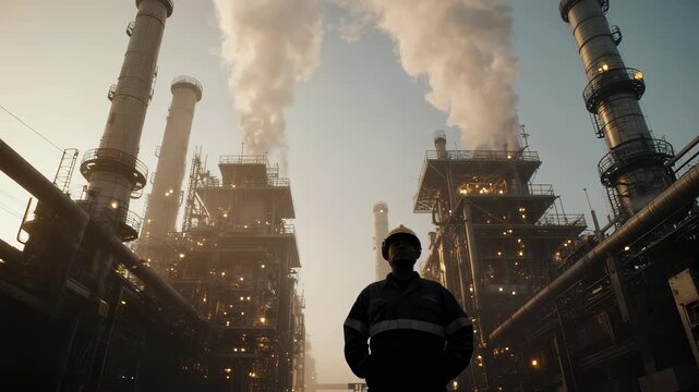 Silhouetted industrial worker in hard hat stands between refinery towers and smoking stacks at sunrise, highlighting energy production, emissions, and plant safety compliance.