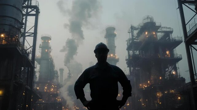 Backlit refinery worker silhouette in smoky petrochemical plant at dawn with steaming towers, highlighting industrial oil and gas energy production, safety and emissions pollution.